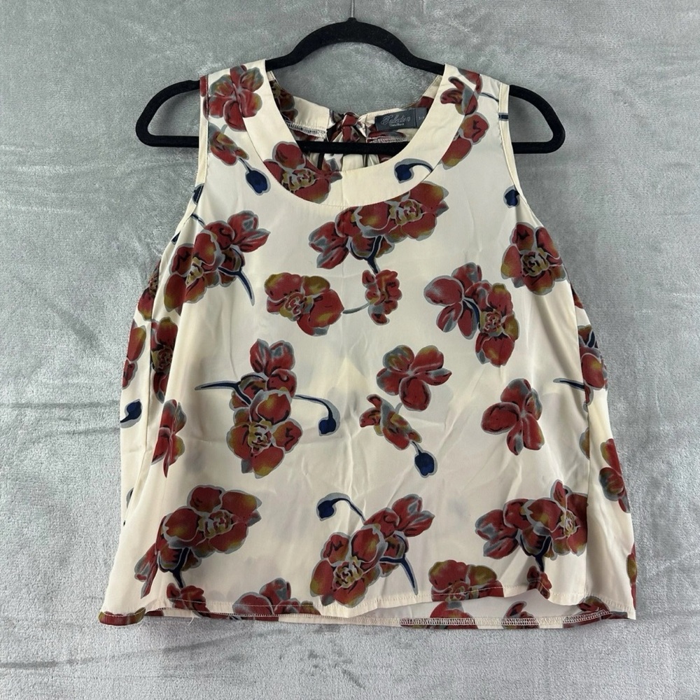 Costa Blanca Blouse Women's S Ivory w/ Red floral print sleeveless.